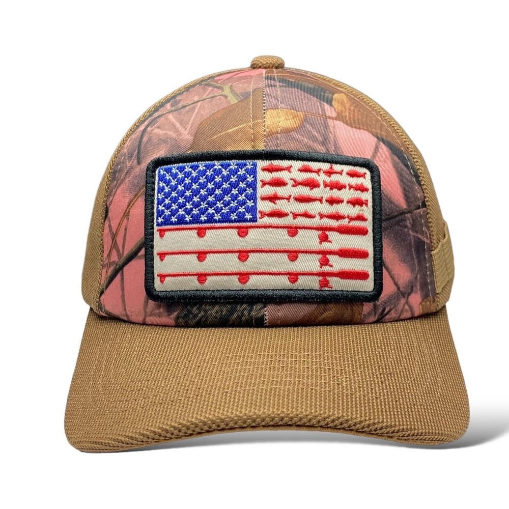 Camo Fishing Cap with American Flag Embroidered Pocket Patch